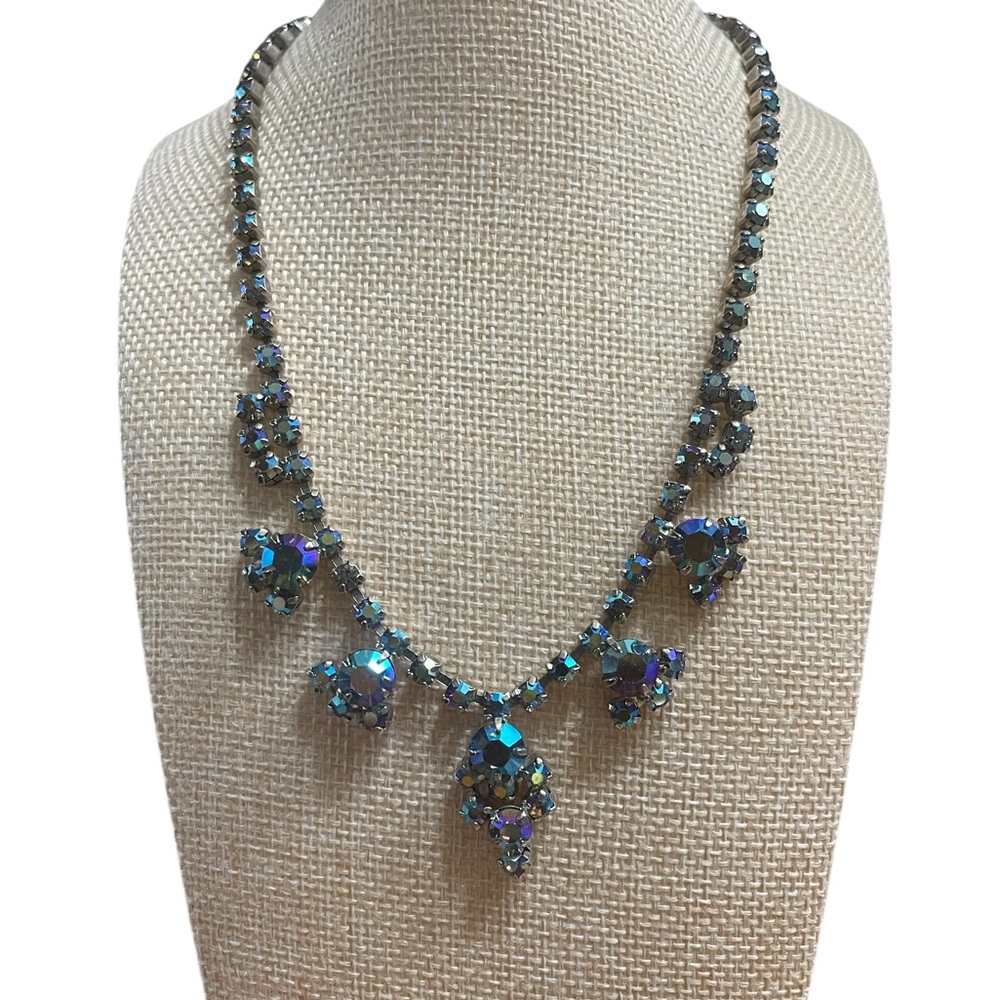 1950s Blue Aurora Borealis Crystal Statement Choker Necklace
